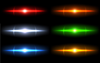 Realistic light glare sparkle, highlight set. Collection of beautiful bright lens flares. Lighting effects of flash.