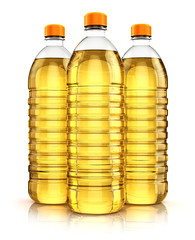 Group of plastic bottles with vegetable cooking oil