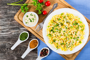 Fettuccine Alfredo with sauce of cream, butter, and grated chees