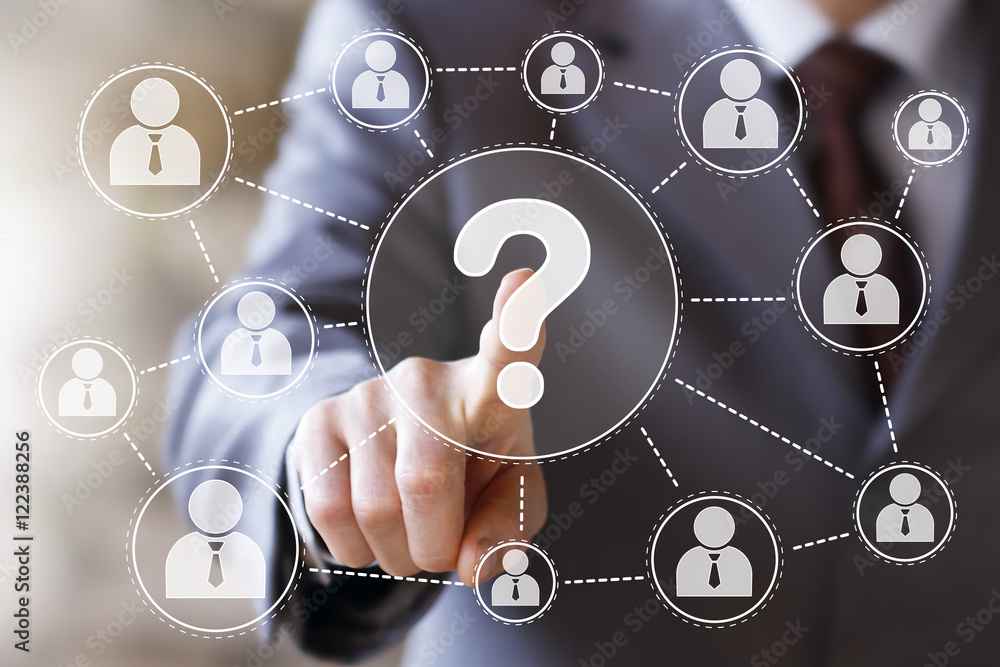 Poster businessman touch button question business network web