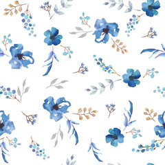 Vector seamless pattern with blue watercolor flowers. Background design.