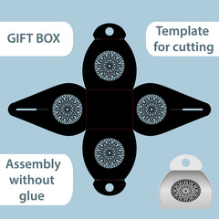 Openwork gift paper box with a handle, lace pattern, assembly without glue, cut out template, packaging for retail, greeting packaging, laser cutting template, presents packing, vector illustrations.