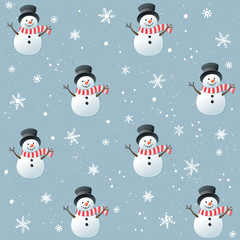 Christmas seamless pattern with happy snowman and flakes on blue background.