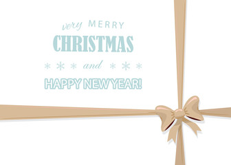 Christmas and Happy New Year template with golden bow isolated on white. Present decoration design. For greeting card, birthday, gift certificate, holidays sale. For print and web.