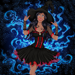 Sexy smiling african american witch with long hair in a hat on the magic foggy background. Vector illustration
