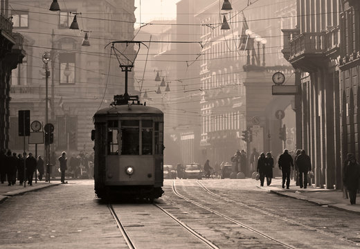 Historical tram in Milan old town, Italy
