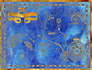 Old pirate map with mayan pattern and symbols