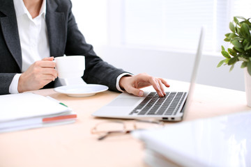 Fototapeta premium Close up of business woman hands with a cup of coffee is sitting at the table and typing on a laptop computer in the white colored office .