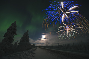 Winter night landscape with forest, road, fireworks and polar light over the trees.	