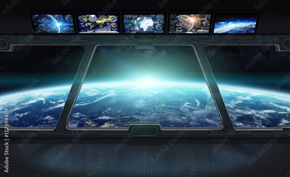 Aufkleber View of planet Earth from inside a space station 3D rendering el
