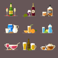 Different beverages with bottles, glasses and snacks. Champagne, wine, whiskey, milk, juice, water, punch, beer, tea.  Berries, chocolate, cookies, croissants.