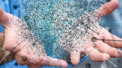 Businessman holding 3D rendering data network sphere in his hand