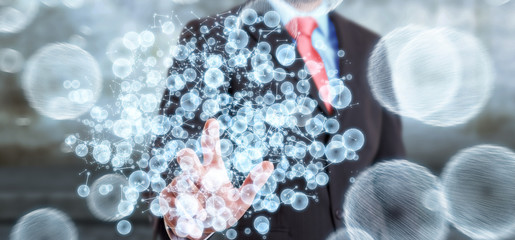 Businessman touching 3D rendering data network sphere with his f