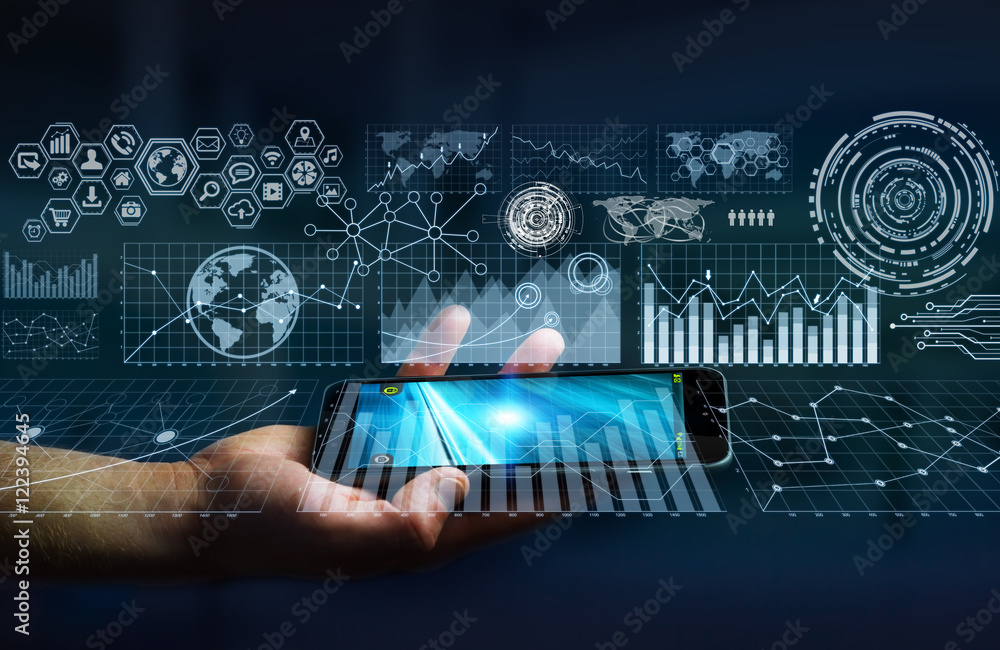 Poster businessman using digital mobile phone charts interface