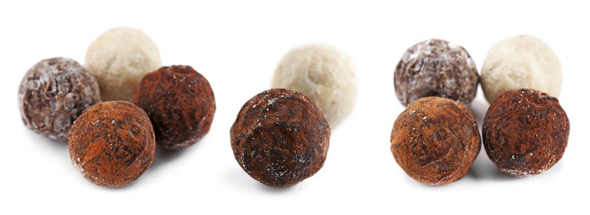 Collage of delicious chocolate candies on white background