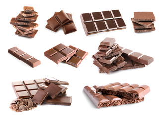 Collage of delicious chocolate on white background