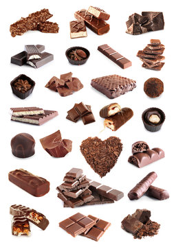Collage of delicious chocolate on white background