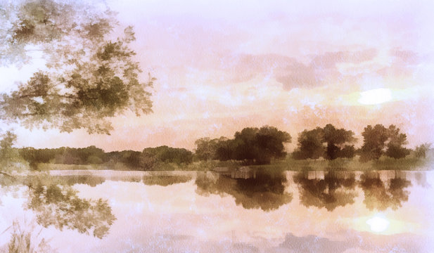 Watercolor background, sunset on a pond, pink