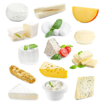 Different types of dairy products on white background. Dairy food collage.
