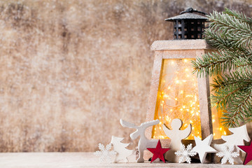 Lantern with christmas tree, Christmas decor. Greeting Card.