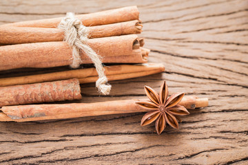 Star anise and cinnamon stick spice on old wood.Taken from the t