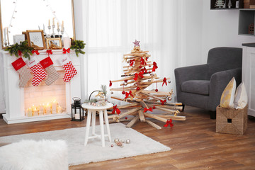 Creative Christmas tree in living room interior