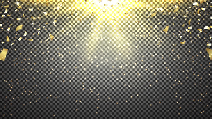 Vector template of golden confetti. Abstract illustration. Transparent sunbeams. Shiny background with lights of sparks. Sunburst effect.