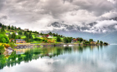 Fototapeta na wymiar View of Sognefjorden fjord at Sogndal village - Norway