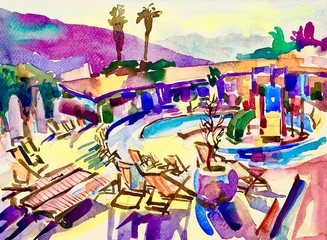 watercolor sketch drawing of swimming pool landscape in Budva Mo