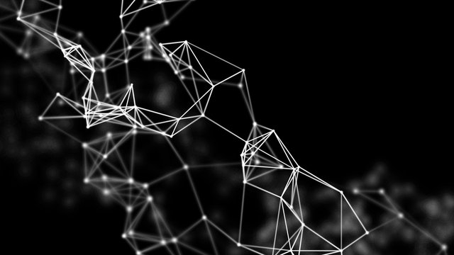 3D network evolving. Lines and dots forming a mesh. Depth of field settings. Background for communications, technology, science, computer networks, internet, social media. White on black. 3D rendering