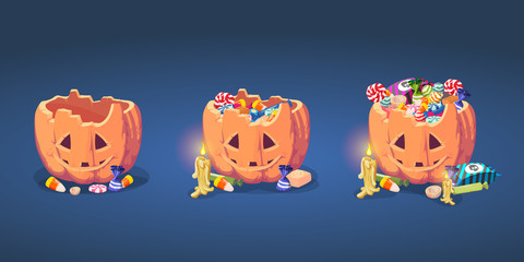 Set of Halloween happy pumpkin basket with candies, vector EPS10