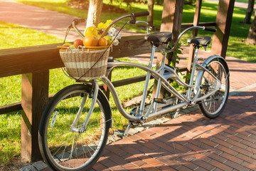 Tandem bicycle in the park. Wicker basket with fruits. Spend weekend in open air. Enjoy rest and save health.