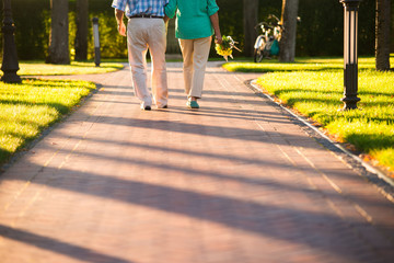 Legs of walking couple. Lady holding bouquet. Road of our life. Step by step.