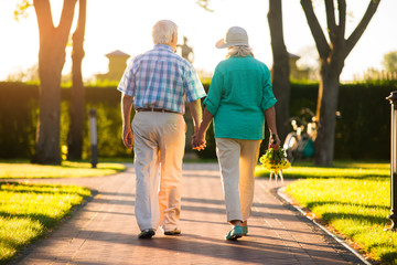 Obraz premium Couple walking on park alley. Back view of elderly people. Strong ties of love. I'm with you.