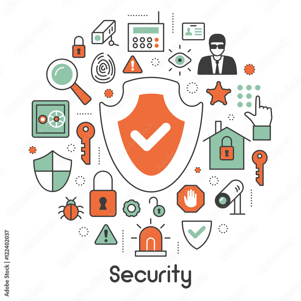 Poster security and safety thin line vector icons set with shield and safe