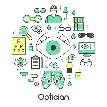 Optician Thin Line Vector Icons Set with Optometry Technology and Eyeglasses
