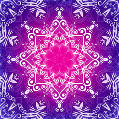 Oriental white ornament on purple background. Ornament with swirls and floral motifs in east style. Decorative snowflake. Element for design. EPS-10 eps