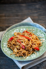 Vegetable noodles with eggplant, squash and red peppers