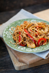 Vegetable noodles with eggplant, squash and red peppers