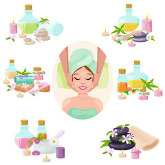 spa towel and aroma oil spa symbols. Spa symbols cartoon icons. aroma candles isolated vector illustration. Beautiful woman receiving facial massage.