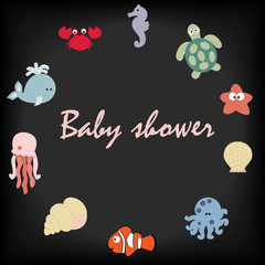 cute baby frame in a marine style on a black background. Baby background. The template for the album or scrapbook. Baby vector illustration