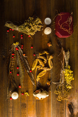 Witches set. Skull, dried flowers and berries on a wooden table. Top view. Flat lay