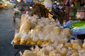 Boiled Corn on the cob selling at market