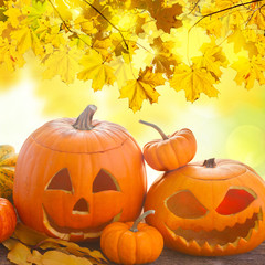 Naklejka na ściany i meble ripe of orange halloween pumpkins on wooden table over yellow garden background