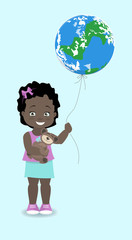 Girl African, American holds the Earth, like a balloon. Vector illustration