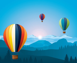 Fototapeta premium Kolorowe balony na ogrzane powietrze latające nad górami. Ilustracji wektorowych. EPS 10