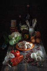 Mushrooms and dried dogrose in style the rustic is a lot of different fresh vegetables