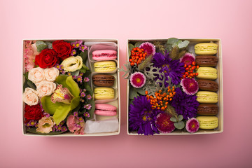Flowers and macaroons in a hat-box