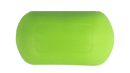 Green soap on a white, isolated background. Top view. Flat lay.