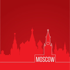 Russia Moscow Concept for web banner. One line composition with greatest landmarks. White linear icon on red background.